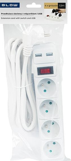 Prizë zgjatëse Blow 98-783, 4x 230V, 2x USB, me tokëzim edhe çelës, 1.5m, e bardhë