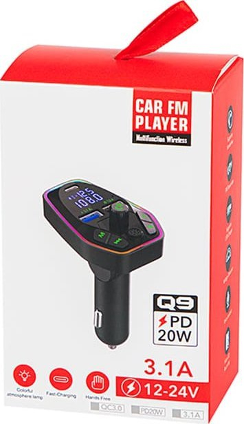 FM предавател за автомобил Q9 T-05, Bluetooth 5.0, 2x USB 3.1A PD 20W, црн