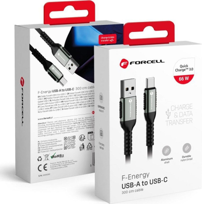 Kabllo USB Forcell F Energy C256, USB A me USB C, 2 m, 66W, e zezë