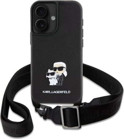 Mbulesë telefoni Karl Lagerfeld Saffiano Karl & Choupette Crossbody, për iPhone 16 6.1", e zezë