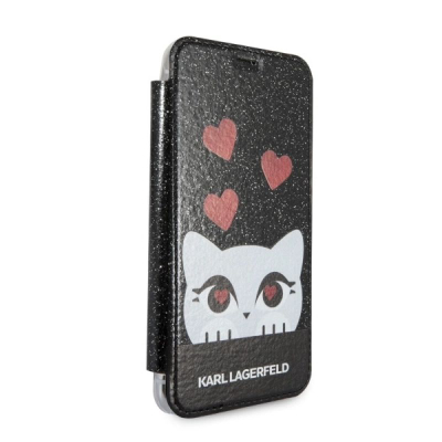 Mbulesë telefoni Karl Lagerfeld Book Valentine për iPhone X XS, eco leather, me kapak, e zezë me mace