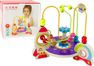 Lodër labirint druri Leantoys Space Beaded, lojë me rruaza, shumëngjyrëshe