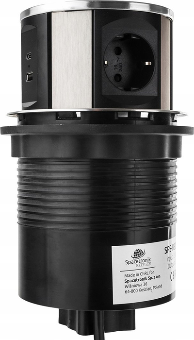 Prizë e futur në tavolinë Spacetronik SPS-R3D5B V2, rrethore, me USB dhe USB C, ngjyrë argjend me të zezë