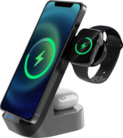Karikues wireless Budi 3 në 1, 15W, USB-C, i zi