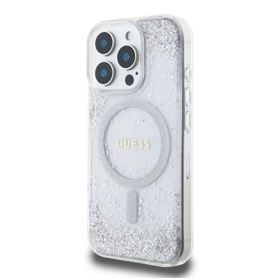 Kopertinë Guess Resin Gradient Glitter MagSafe për iPhone 16 Pro Max 6.9", plastike e fortë, ngjyrë argjendi