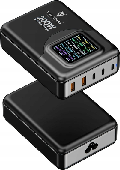 USB карикирач GaN Viking PD PRO, 200W, 3x USB C, 2x USB A, црн