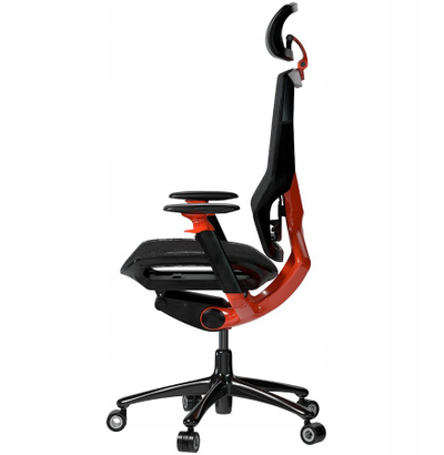 Karrige gaming Logar, tekstil, mban deri 150 kg, e zezë me të kuqe