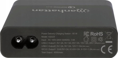 Stacion karikimi Manhattan 102223, 65W, 2x USB C PD 1x USB A QC 3.0, i zi