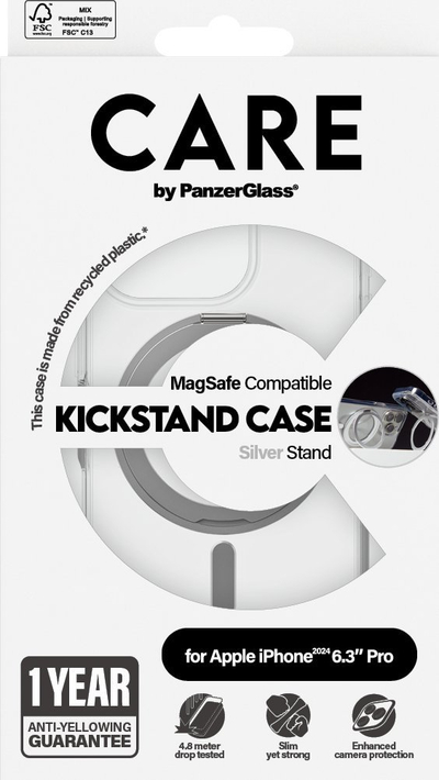 Mbulesë telefoni PanzerGlass 0 CARE Feature Case, MagSafe, me mbajtëse, transparente argjendi për iPhone 16 Pro