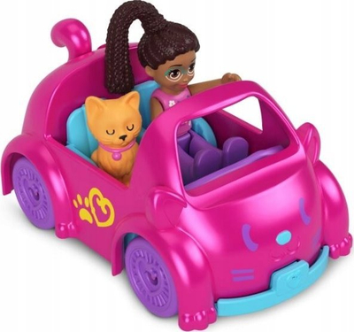 Set lodër Polly Pocket Micro, kukull me makinë metalike, figurë mace, rozë