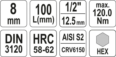 Çelës bit HEX Yato YT-04394, 1/2", H8, 100mm, argjendtë