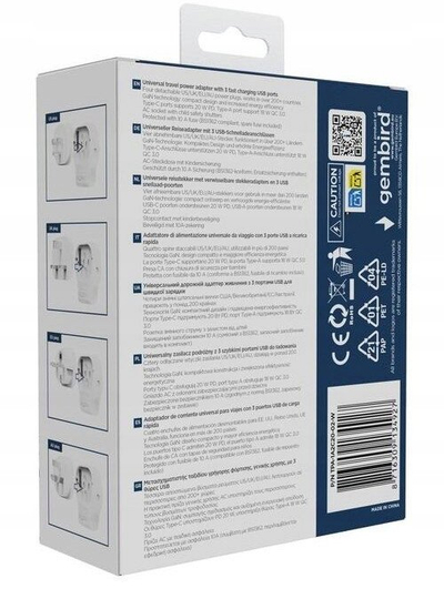 Përshtatës universal udhëtimi Gembird 20W, 3 porta USB, prizë BE SHBA MB AU, i zi
