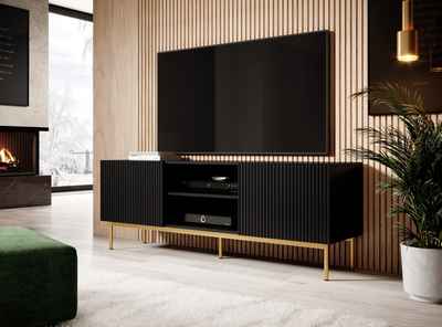 Komodë TV Cama Meble Pafos, 150x40x60 cm, MDF, e zezë mat