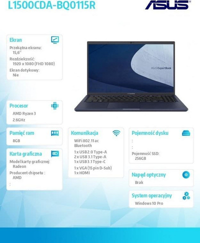  Laptop Asus ExpertBook L1 L1500CDA, 15.6", Full HD, AMD Ryzen 3, 8 GB RAM, SSD 256 GB, Windows 10 Pro, i kaltër