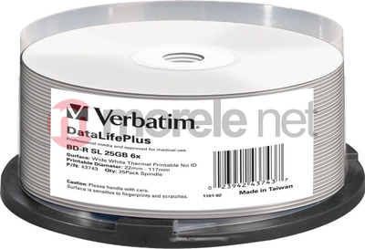 Disqe Blu-Ray VERBATIM 43743 BD-R, 25GB, 6x, spindle 25 copë, të bardha për printim