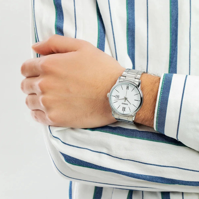 Orë dore Casio MTP V002D 7B3, analog quartz, çelik inox, cifer i bardhë