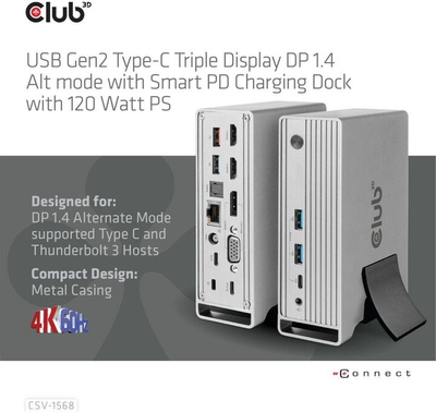 Stacion docking Club3D USB-C, Triple Display DP Alt mode Displaylink, PD 120W