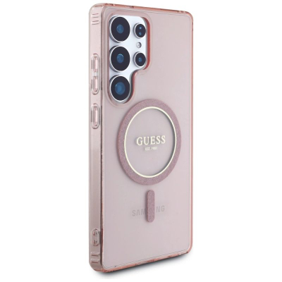 Kapotë telefoni Guess Glitter Circle Classic Logo MagSafe për Samsung Galaxy S25 Ultra, TPU PC, rozë me shkëlqim
