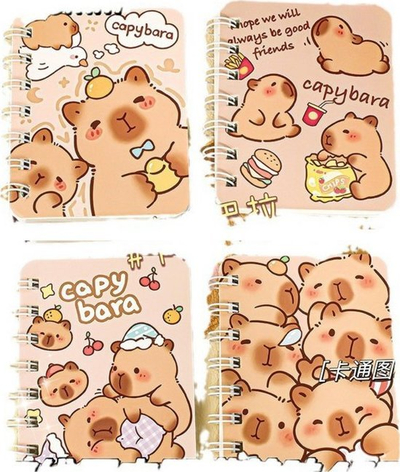 Set me 4 fletore A7 me vija, kapak me dizajn capybara, shumëngjyrësh