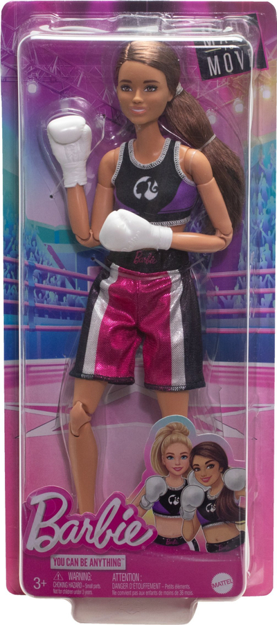 Kukull Barbie Made to Move Boxer brunete, artikulim i plotë, doreza boksi, shumëngjyrëshe