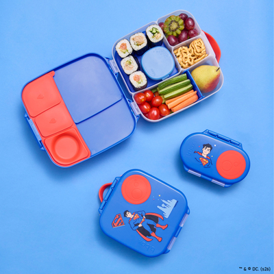 Kuti ushqimi b.box Snack Box Superman, me ndarje, mbyllje e sigurt, blu