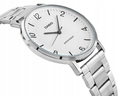 Ora dore Casio MTP-VT03D-7B, analoge, çelik inox, ekran i bardhë
