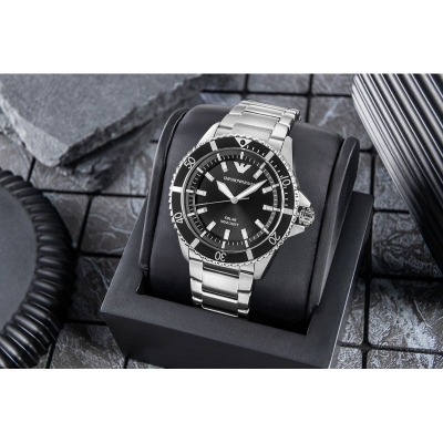 Orë Emporio Armani AR11787 World Explorer, me diell, 42mm, argjendt me kornizë të zezë