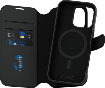 Mbulesë telefoni CARE by PanzerGlass Case Feature Tango 2‑në‑1 Portofol, për iPhone 16 Pro, lëkurë vegane, e zezë