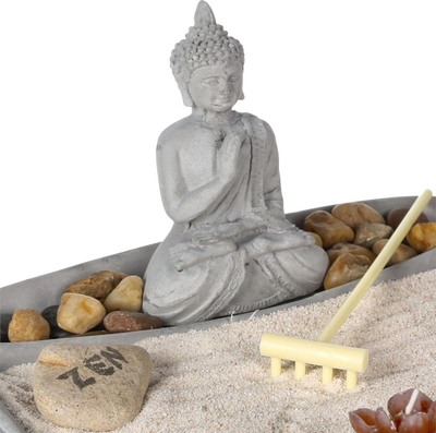 Set dekorativ kopsht zen Atmosphera, me figurë Buddhe, 23x23 cm, gri