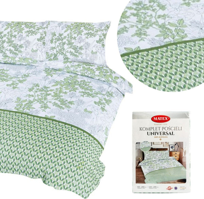 Set çarçafësh Matex Cotton Bedding Leaves 2, 220x200 cm, pambuk, e bardhë jeshile
