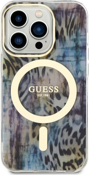 Kapak telefoni Guess GUHMP14LHLEOPWB për iPhone 14 Pro 6.1", MagSafe, leopard blu