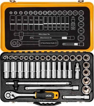 Set çelësash me godinë JCB, 1/2", 36 copë, çelik Cr-V