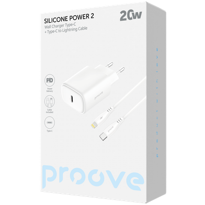 Karikues muri Proove Silicone Power 2, 20W, Type-C, me kabllo Type-C në Lightning, e bardhë