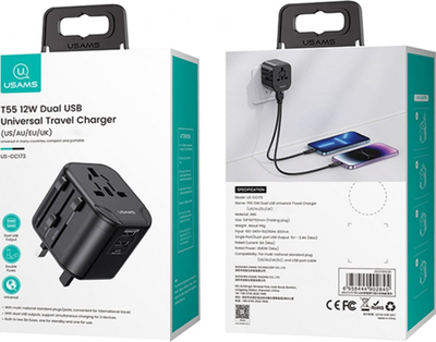 Karikues udhëtimi USAMS T55 US CC173, 2xUSB 12W, adapter universal 4 në 1, i zi