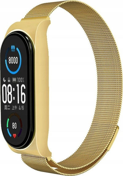 Rrip metalik për Xiaomi Mi Band 7, rrjetë çeliku, mbyllje me magnet, ngjyrë ari
