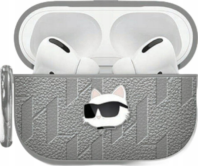 Kapak kufjesh Karl Lagerfeld Monogram Choupette Head për AirPods 4, lëkurë eko, argjendtë