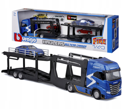 Lodër kamion Bburago Street Fire Iveco S-Way, transportues makinash, shkalla 1:43, blu