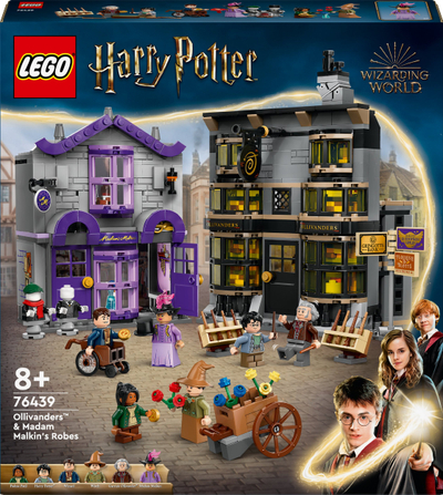 Lodër ndërtimi LEGO Harry Potter Ollivanders edhe Dyqani i Madam Malkins 76439, set me dy dyqane, për kalamaj