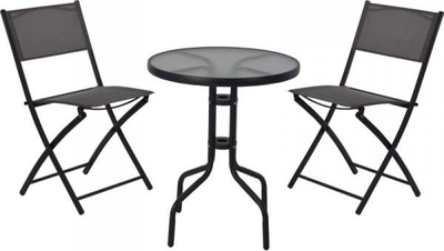 Set mobilje kopshti Bistro, tavolinë qelqi, 2 karrige palosëse, gri