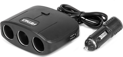 Ndajës prizë çakmaku AMIO 04362, 3 dalje 12/24V, 2x USB A 100W, i zi