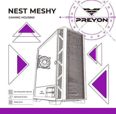 Кутиште за компјутер PREYON Nest Meshy PRENM02B, Midi Tower, страничен панел со прозорец, црно