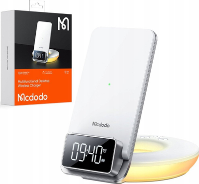 Karikues wireless multifunksional Mcdodo CH-1610, 15W, me orë me zile dhe llampë nate, i bardhë