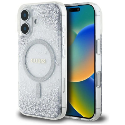 Mbulesë telefoni Guess HC Resin Bottom Glitter MagSafe për iPhone 16 6.1", transparente, argjendtë