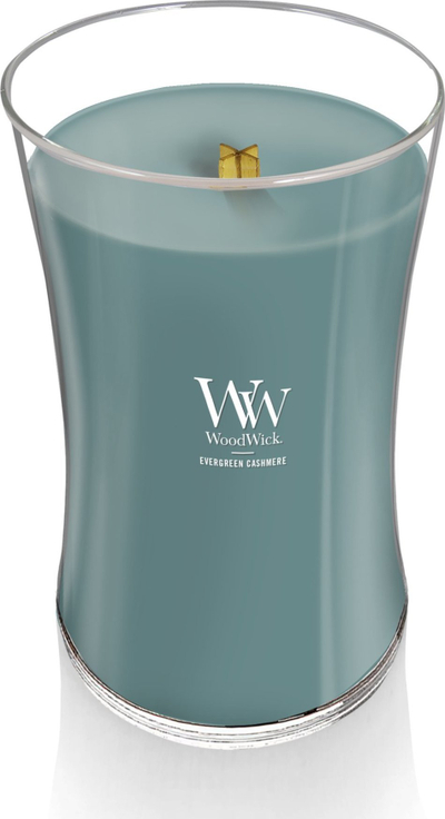 Qiri me aromë WoodWick Evergreen Cashmere, i madh, 180 orë, jeshil