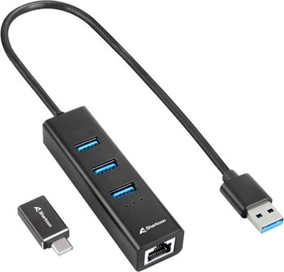 Hub USB Sharkoon me 3 porta USB 3.2 Gen 1, RJ45, me Type C, i zi