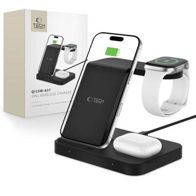 Karikues wireless Tech-Protect QI15W A37, 3 në 1, 15W, i zi