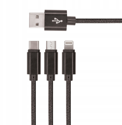 Kabllo karikimi Setty 3in1, USB në microUSB USB C Lightning, najlon, e zezë