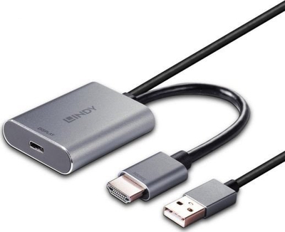 Adapter video Lindy HDMI në USB C, 4K 60Hz, me furnizim USB, ngjyrë gri