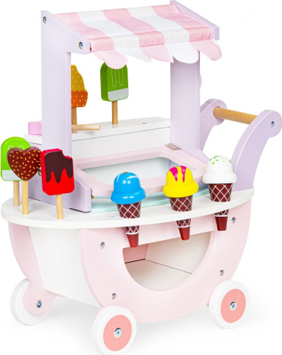 Karrocë lodër druri ECOTOYS Wooden Ice Cream Shop Cart, edukative, për kalamaj 3+, shumëngjyrëshe