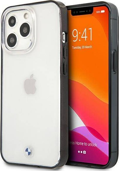 Kapak telefoni BMW Signature Collection për iPhone 13 Pro Max, shpinë transparente, kornizë e zezë